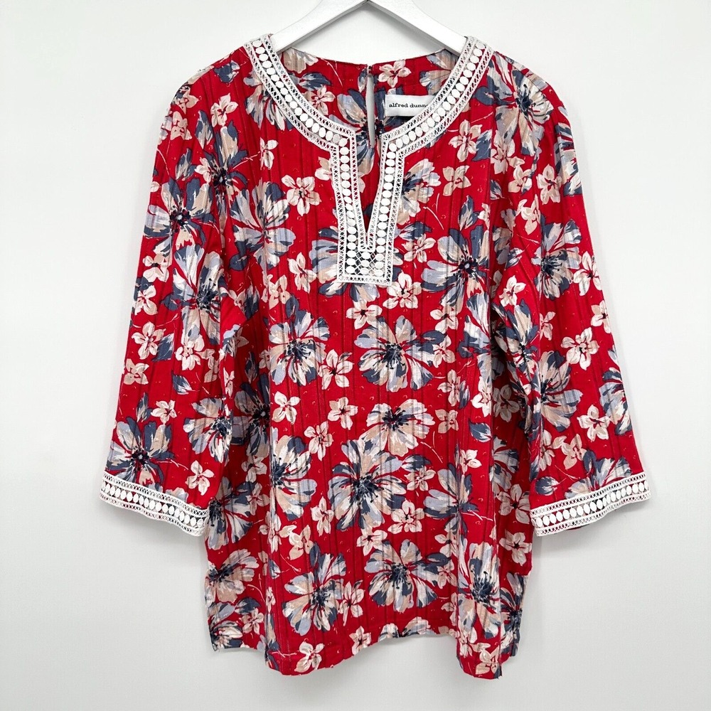 Alfred Dunner Top Shirt‎ Blouse Size 20 Red Floral 3/4 Sleeves Bloomcore Boho